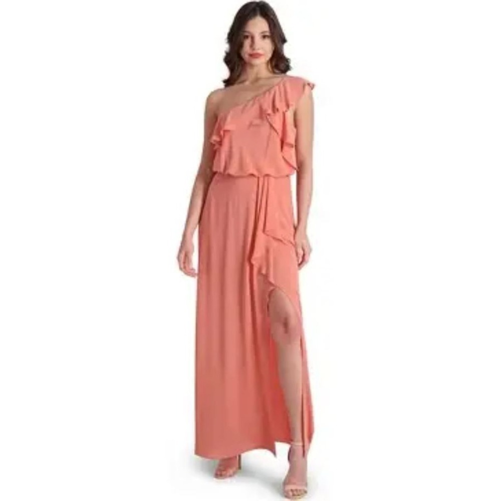 BCBGMAXAZRIA Dahlia Ruffled One Shoulder Front Slit Gown Orange Terra Cotta Sz 2